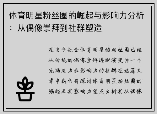 体育明星粉丝圈的崛起与影响力分析：从偶像崇拜到社群塑造